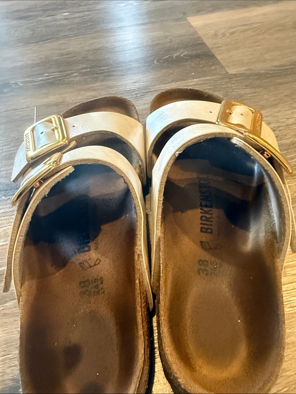 Birkenstock Women’s Off-White Two-Strap Sandals with Gold Buckles - Picture 4 of 6